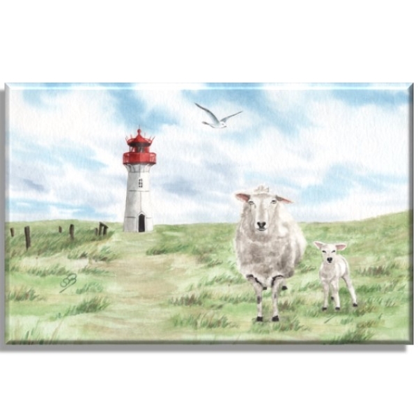 Leinwand 40 x 30 cm Keilrahmen Canvas-Leinen Aquarell Kunst Maritim Druck Kunstdruck Leuchtturm List Sylt Nordsee Meer Strand Dünen Schafe